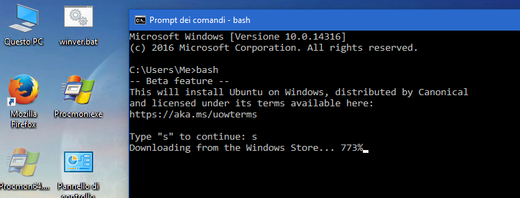 Windows 10 bash installazione con prompt DOS